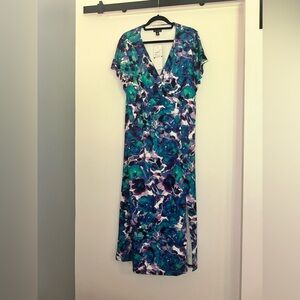Nina Leonard Blue and Green Floral Maxi Dress